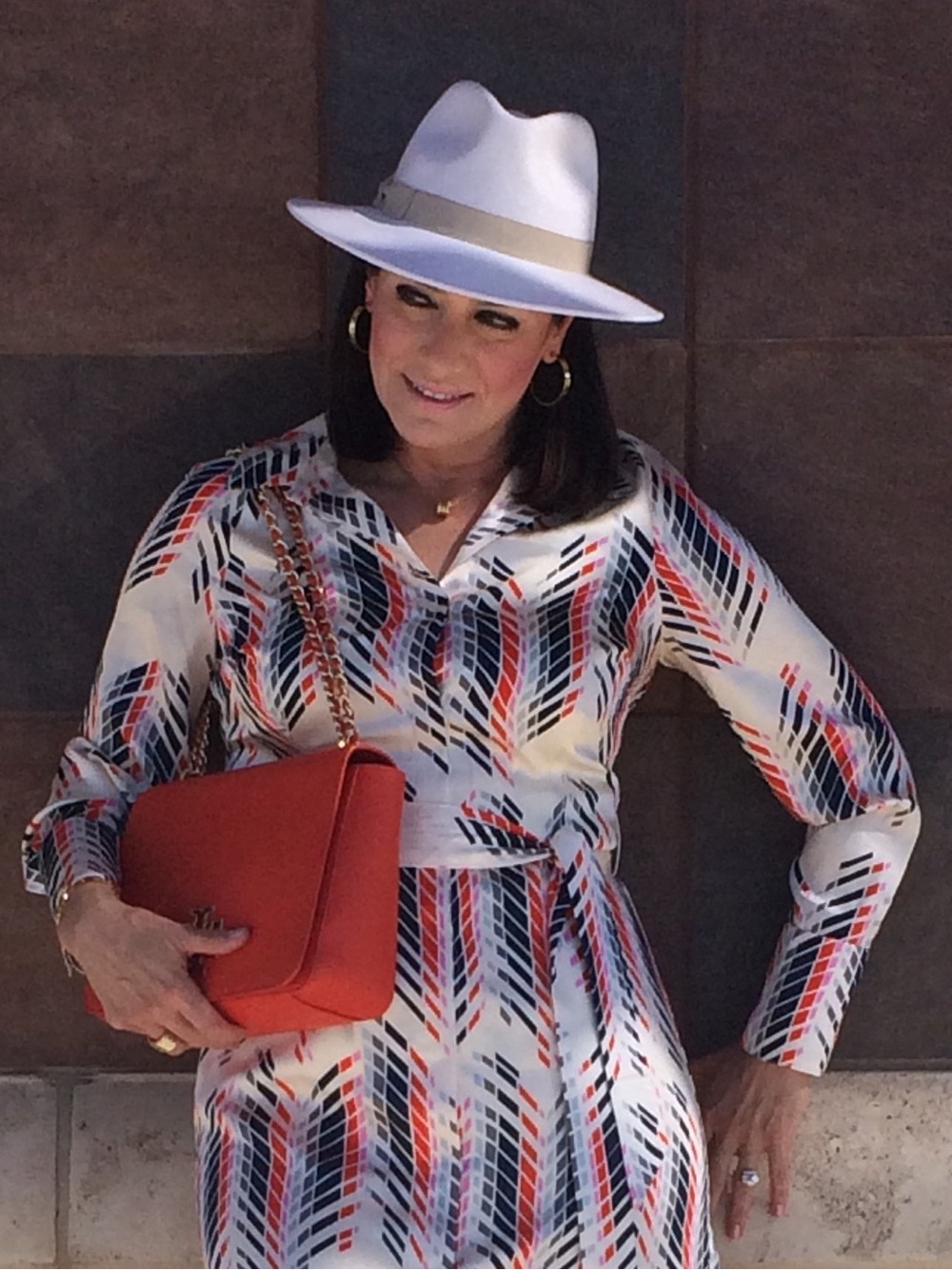 JB by Julie Brown Cream Shirt Dress with Navy and Red Geo Print, 10